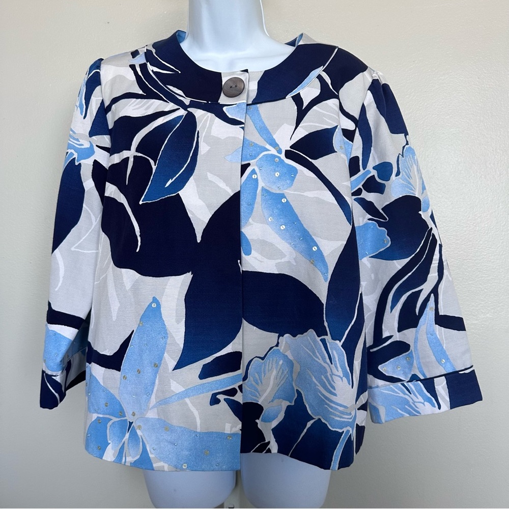 Chico’s Women’s Jacket Sz 2(L) Ice Garden Frankie Ink White Blue Gray Sequin NWT